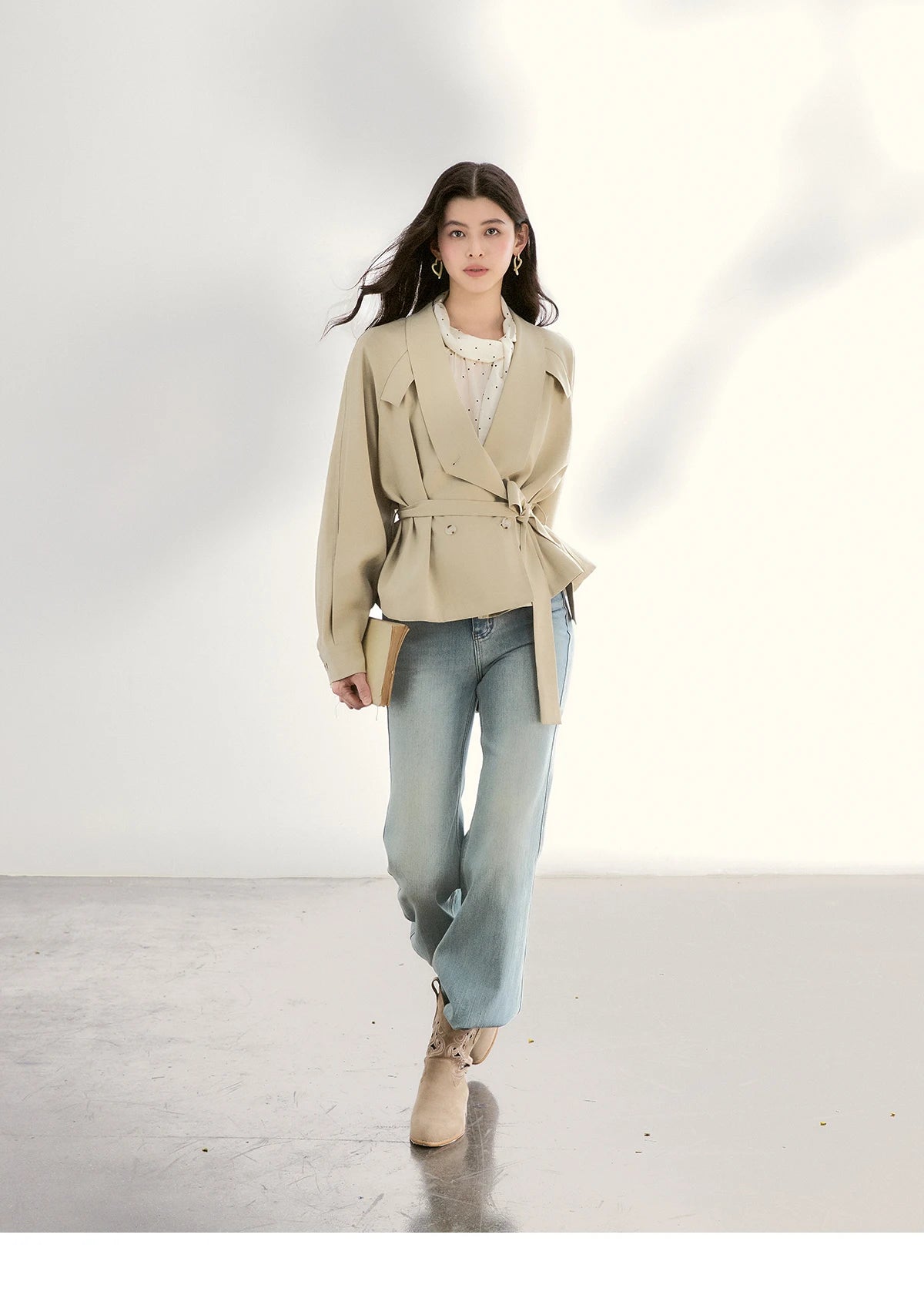 MISHOW Women's Khaki Belted Waist Coat 2026 Spring Lapel Double-breasted Coats female Casual Short Jacket Office Lady MXF13W1056