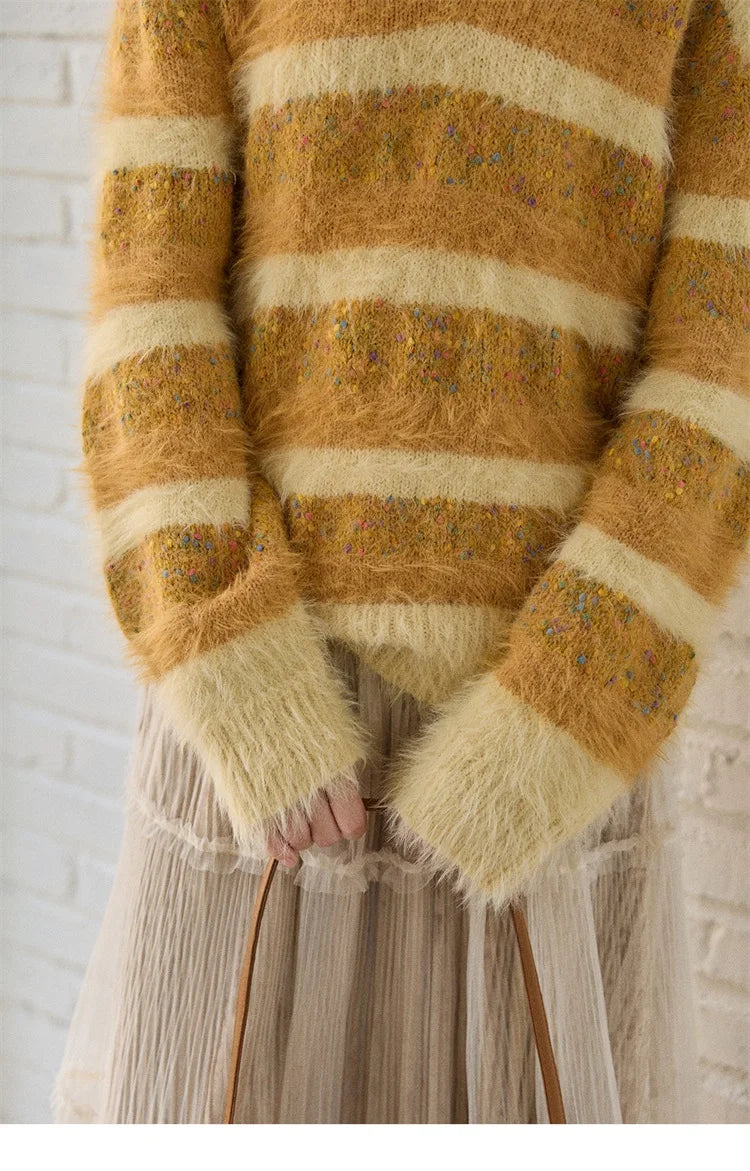 MISHOW Women's V-neck Knit Pullover Retro Yellow Striped Sweater 2025 Casual Faux Mink Jacquard Loose Knit Sweater MXE87Z2766