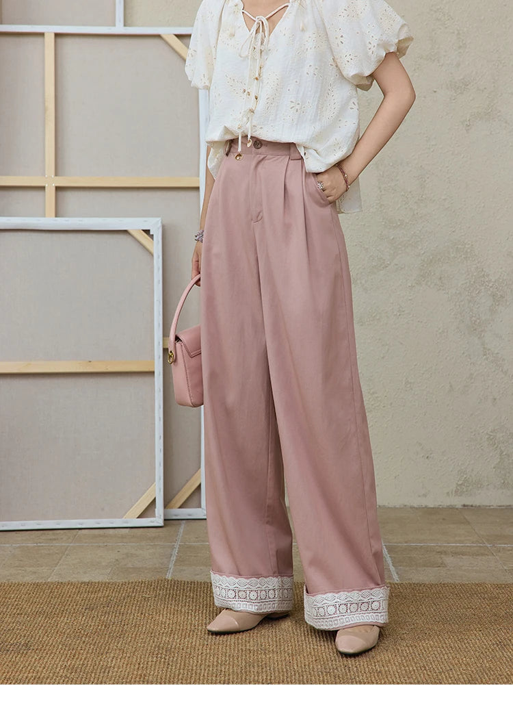 MISHOW Hem Lace Hollow Out Wide Leg Pants for Women Summer 2025 High Waist Loose Pink Pants Straight Leg Trousers MXE31K0900