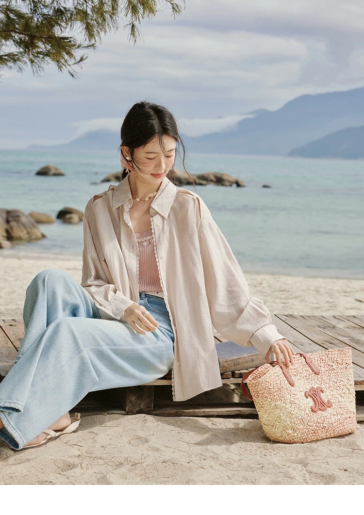 MISHOW Office Lady Summer Blouses Women 2025 New Striped Long Sleeve Turn-down Collar Shirt Female Fashion Loose Tops MXE33C0772