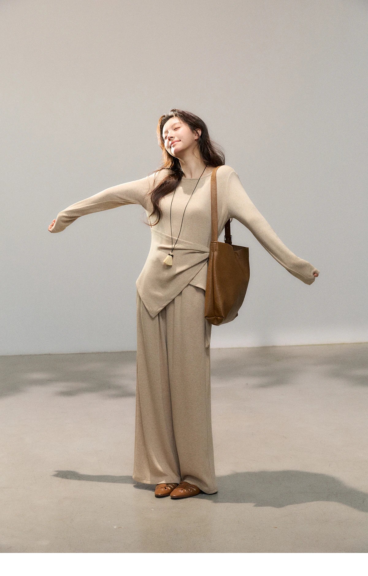 MISHOW Women's Khaki Knitted Two-Piece Set 2026 Spring Asymmetrical Hem Waist-Cinched Top Wide Leg Pants Casual Sets MXF11T1465