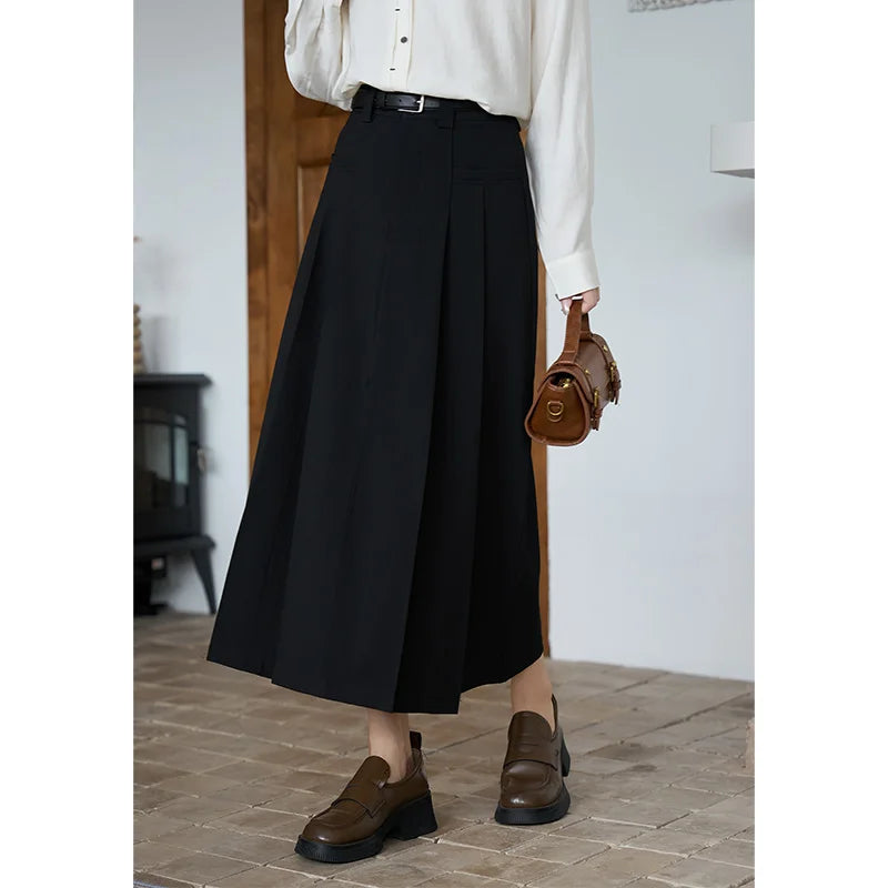 MISHOW Women's Midi Skirt 2023 Autumn Academy Pleated Commuter A-LINE Pockets Solid Split Back Hem Mid-Calf Skirts MXC42B0118