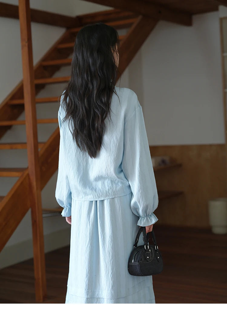 MISHOW Women's Light Blue Striped Linen Suit 2025 Autumn Fungus Edge V-neck Lace-up Shirt Elastic Waist Skirt Two pcs MXE41T0700