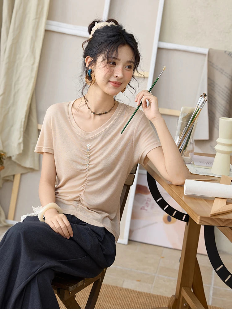 MISHOW V-neck Short Sleeve T-shirt Summer 2025 Mid Front Elastic Fold Single Row Shell Button Tees Casual Slim Tops MXE34T0560