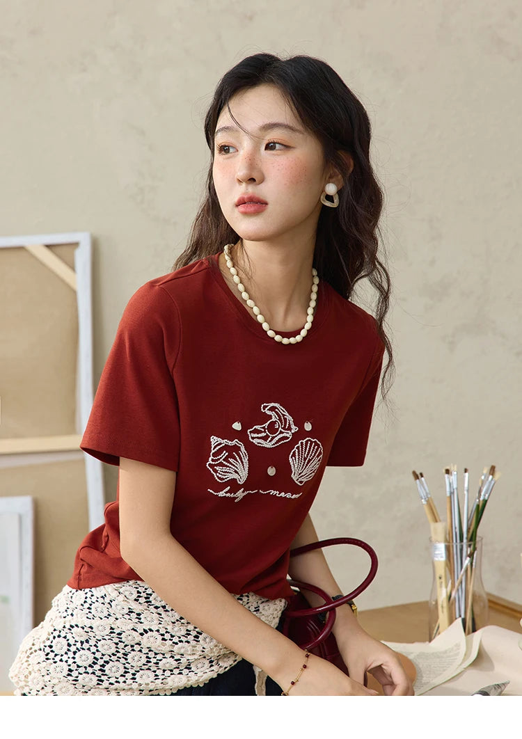 MISHOW Women's Shell Embroidered T-shirt 2025 Summer Short Sleeve Cotton Blend Tops Loose Slim Round Neck Casual Tees MXE34T0570