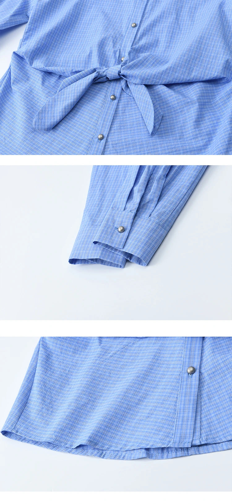 MISHOW Blue Plaid 100 Cotton Shirt Autumn 2025 Bow Tie Waist Matte Silver Butto Shirts Lapel Dropped Sleeved Tops MXE44C2395