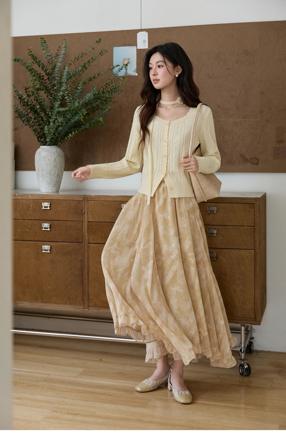 MISHOW Women's Beige Chiffon Maxi Skirt 2026 Spring Floral Print High Waist Ruffled Asymmetrical Casual Long Skirts MXF11B2463