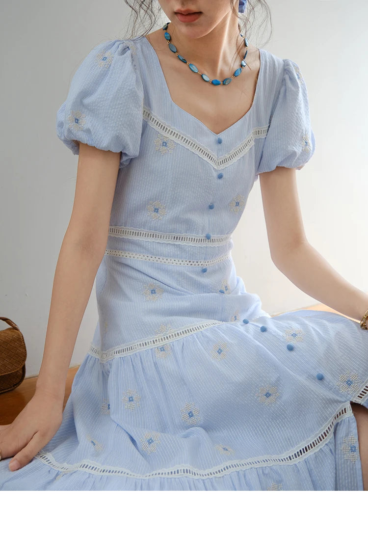 Mishow French Sweet Flower Embroidery Puff Sleeve Dress MXE35L2271