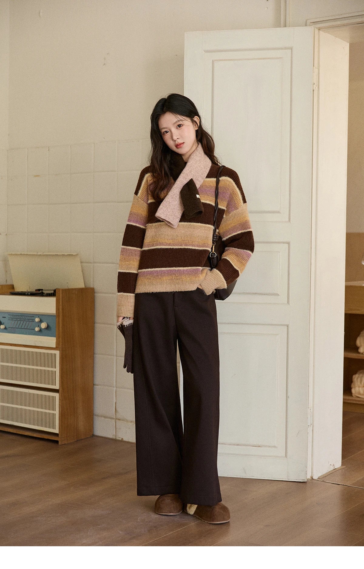 MISHOW Women's French Striped Gradient Sweater 2025 Winter Faux Mink Fleece Sweater Thick Casual Warm Knitted Top MXE94Z2891