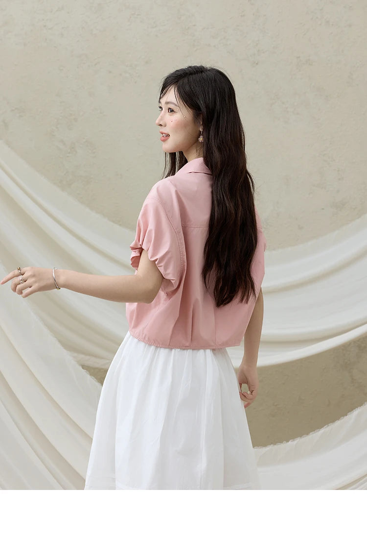 MISHOW Casual Summer Blouses Women 2025 New Short Puff Sleeve Turn Down Collar Shirt Female Fashion Shell Ribbon Tops MXE33C0773