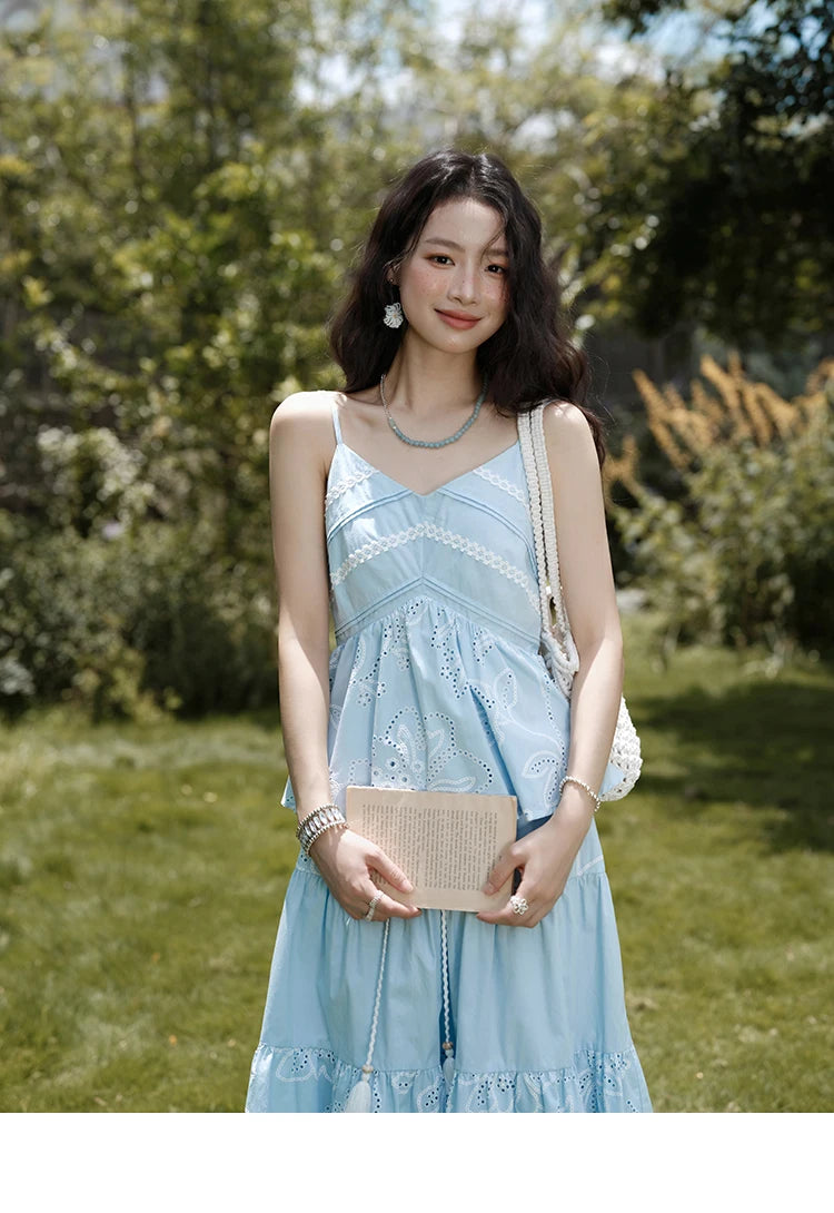 MISHOW Woman 2 Pieces Set 2025 Summer Ladies Fashion Strap V-neck Top Embroidery Flower Hollow Out Drawstring Skirt MXE34T0624