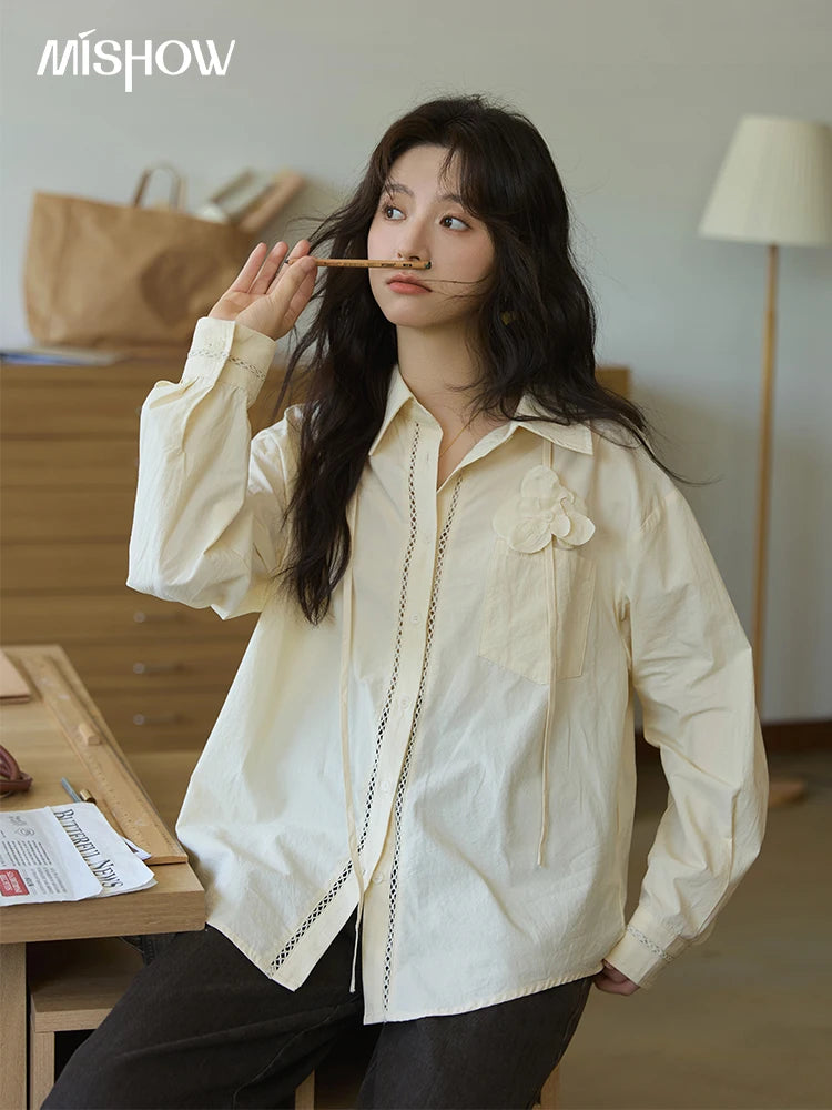 MISHOW 100% Cotton Shirt For Women Autumn 2025 New Fashion Petal Ribbon Button Long Sleeves Shirt Women's Clothing MXE41C2349