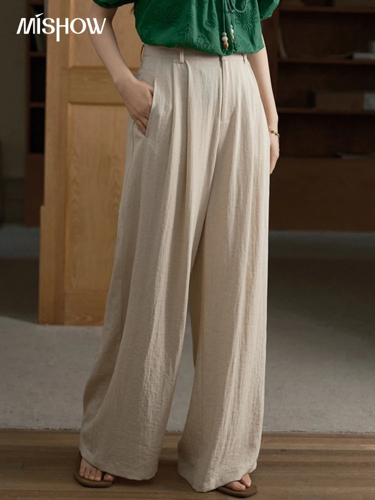 MISHOW Women Casual Wide Leg Pants 2025 Summer Button Pocket Versatile High Waist Slim Straight Pants Female Clothing MXE39K0962
