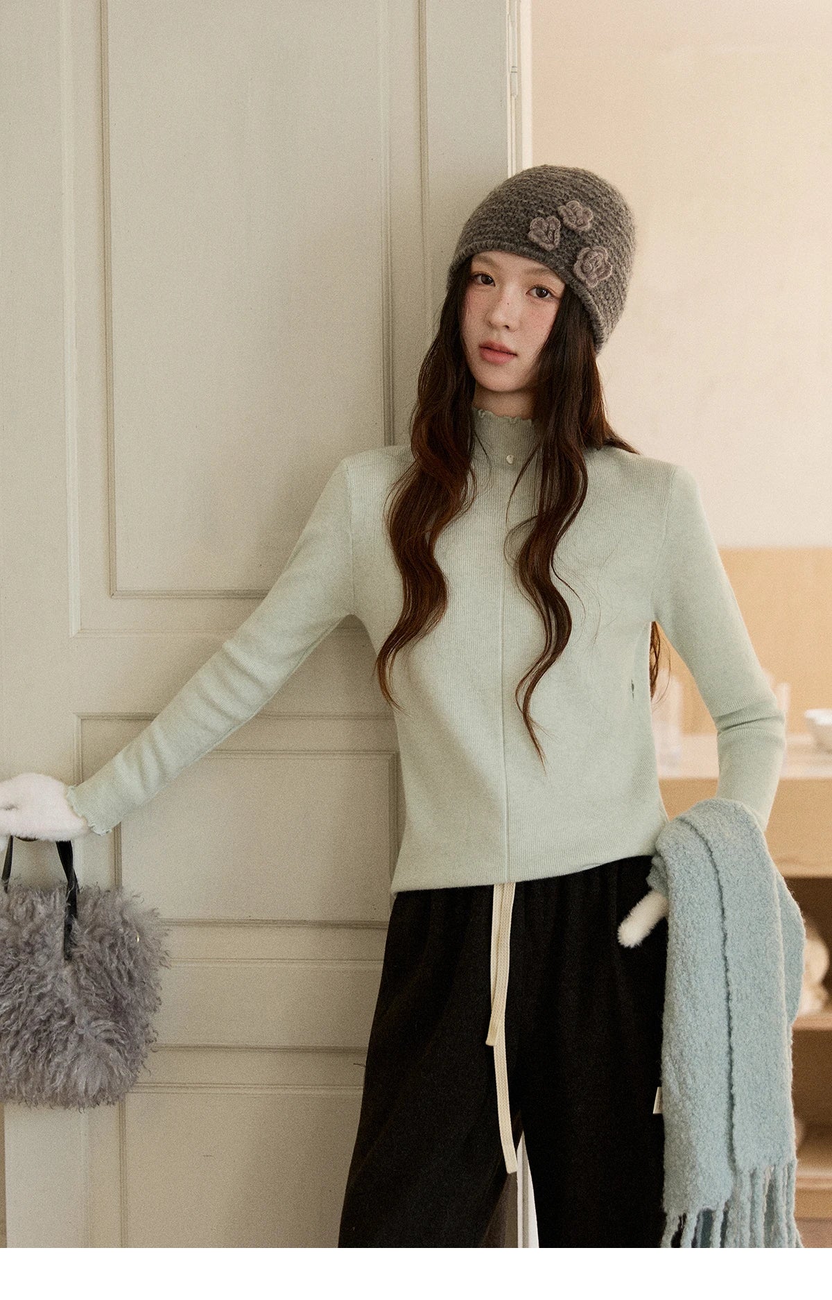 MISHOW Women's Knitted Long-Sleeved Top 2025 Winter Solid Slim Fit Ruffled Turtleneck Sweater Warm Soft Commuting Top MXE91Z2826