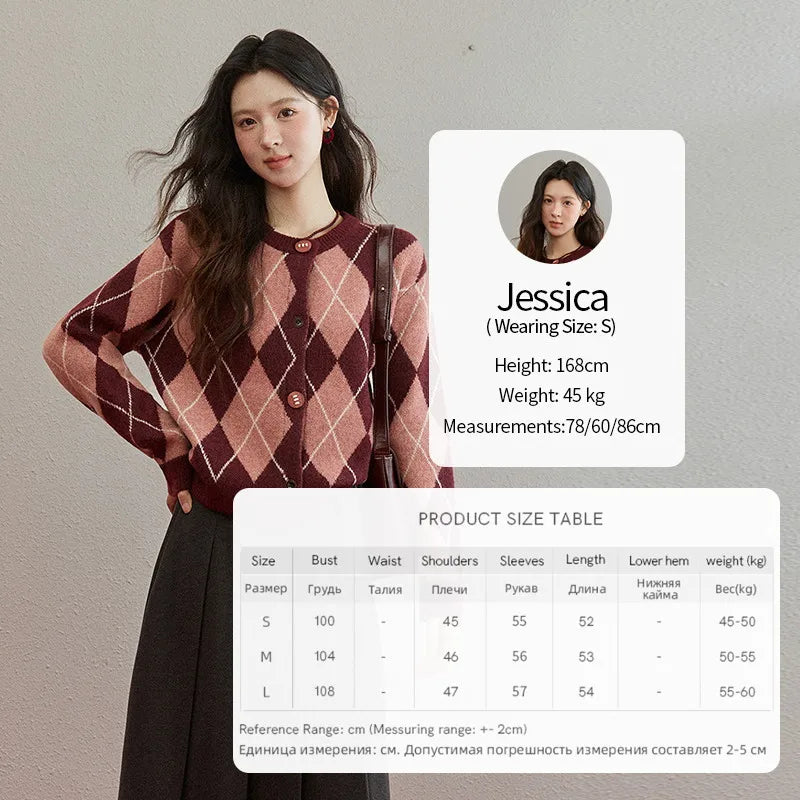 MISHOW Christmas Retro Diamond Grid Sweater Cardigan for Women 2025 Winter O-neck Contrasting Thick Knitted Sweaters MXE91Z2773