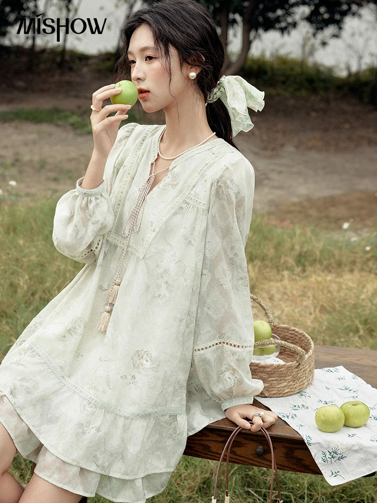 MISHOW Floral V-neck Drawn Tassels Dresses 2025 Spring Summer Hollow Out Lantern Sleeve Dresses Vacation Doll Dress MXE15L2121