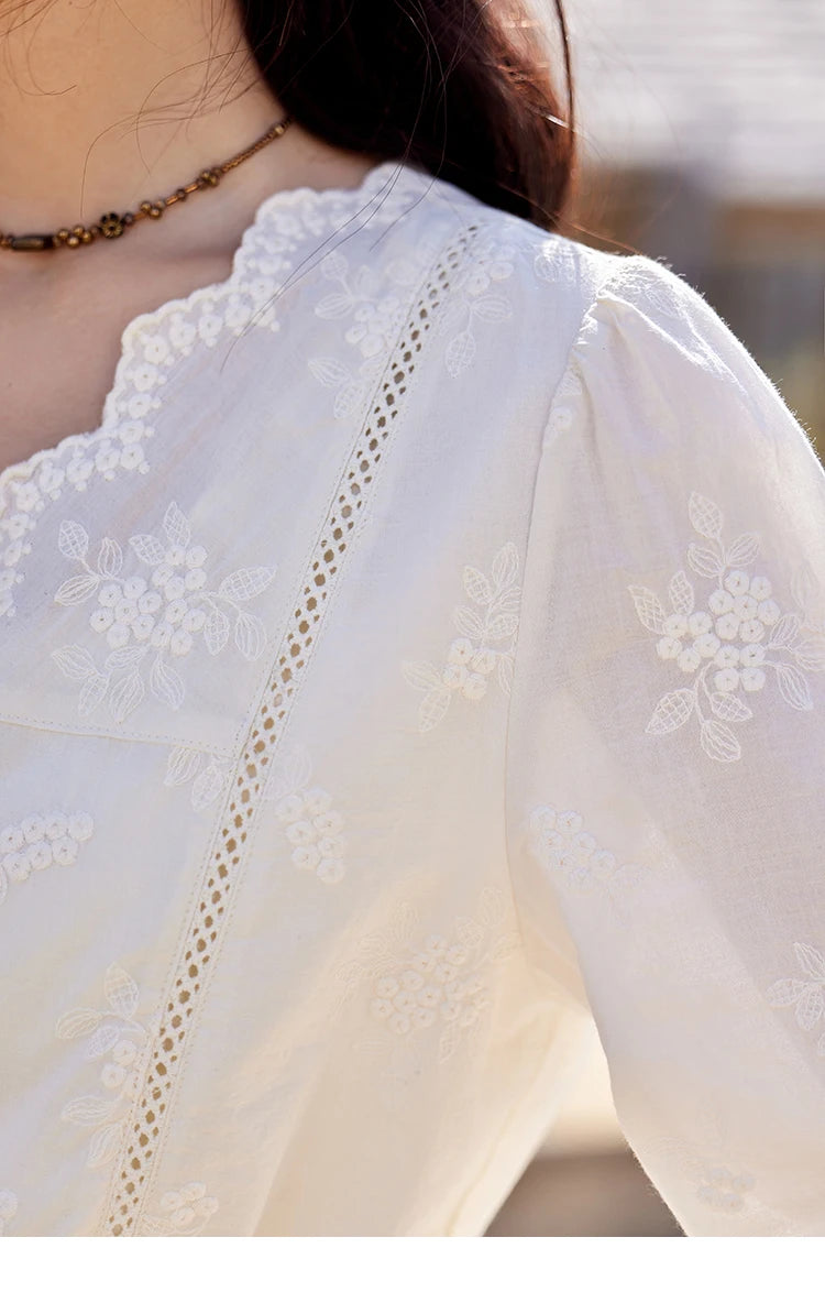 MISHOW Embroidered Blouse Women 2025 Spring New French Elegant Apricot Lace Premium Drawstring Design V Neck Tops MXE11X1708