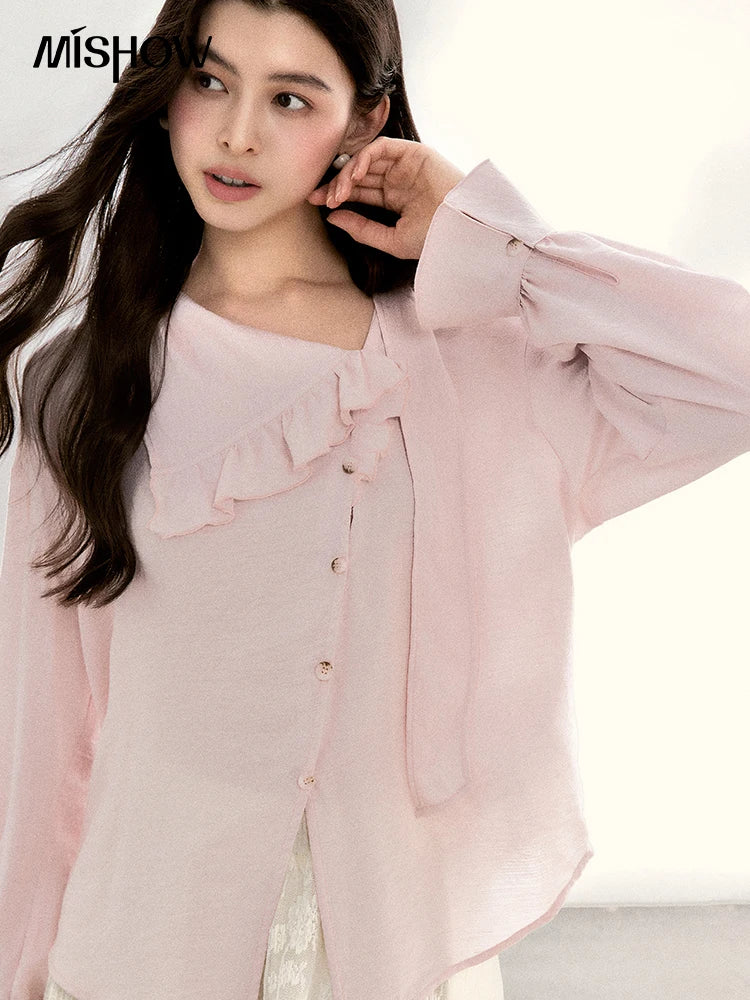 MISHOW Women's Pink Elegant Blouse 2026 Spring Asymmetrical Ruffled Collar Button Shirts Puff Sleeve Casual Loose Top MXF11X2520