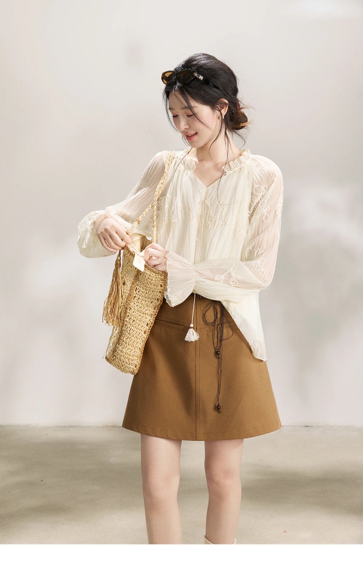 MISHOW Women's Tassel Tie Flower Embroidered Blouse 2026 Spring V-Neck Lantern Sleeves Top Casual Loose Sheer Blouses MXF13X2525