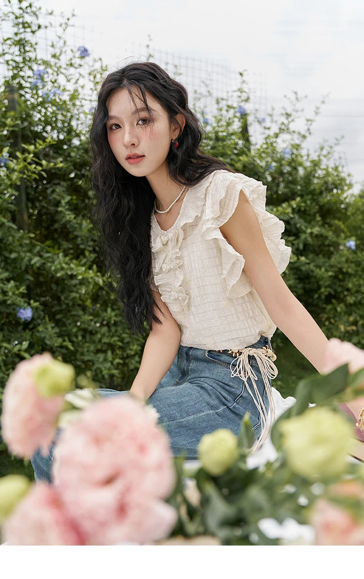 MISHOW Chinese Retro Button Up Blouse for Women 2024 Summer Flying Sleeve Chiffon Embroidery V-Neck Top with Camisole MXD21X1374