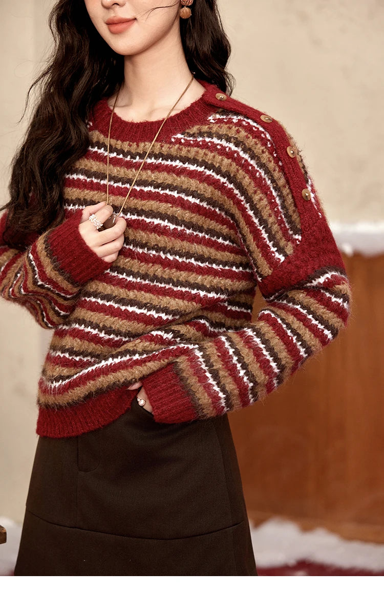 MISHOW Christmas Retro Striped Wool Blend Sweater Women Button Decoration Women Clothing Thick O-Neck Knitted Tops MXD59Z1060