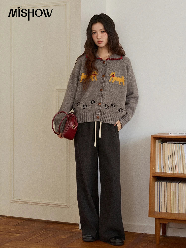 MISHOW Dog Cartoon Jacquard Knitted Cardigan for Women 2025 Loose Retro Turn-down Collar Casual Women's Sweaters MXE86Z2727