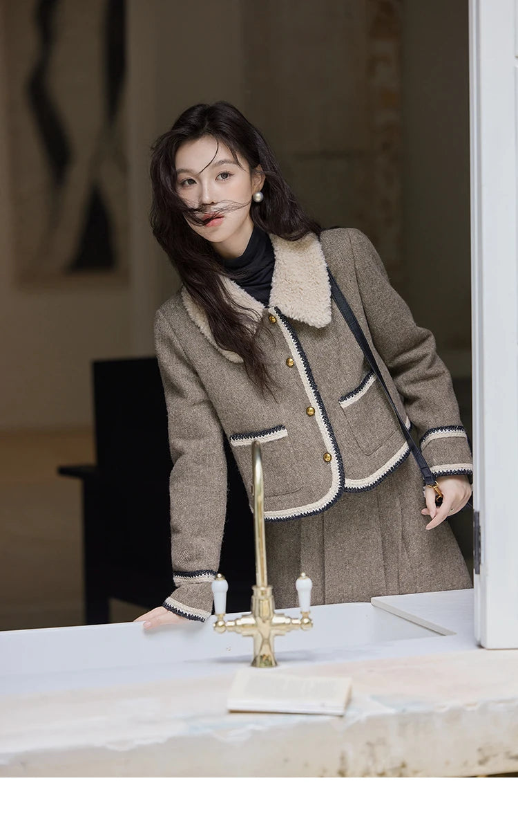 MISHOW Vintage Midi Skirts Coat Seprately Women 2024 Winter Turn Down Collar Plaid Tweed Jacket A-Line Pleated Skirt MXD56W0569