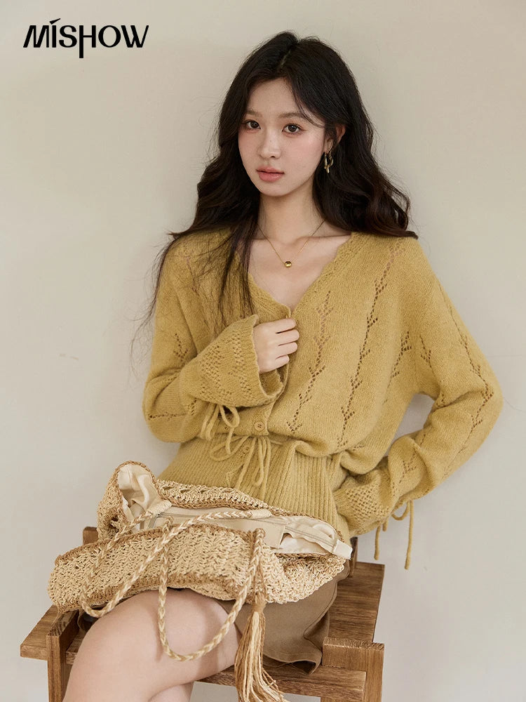 MISHOW Women's Yellow Knitted Cardigan 2026 Spring Hollow Out V-Neck Drawstring Waist Long Sleeve Casual Loose Tops MXF108Z1022