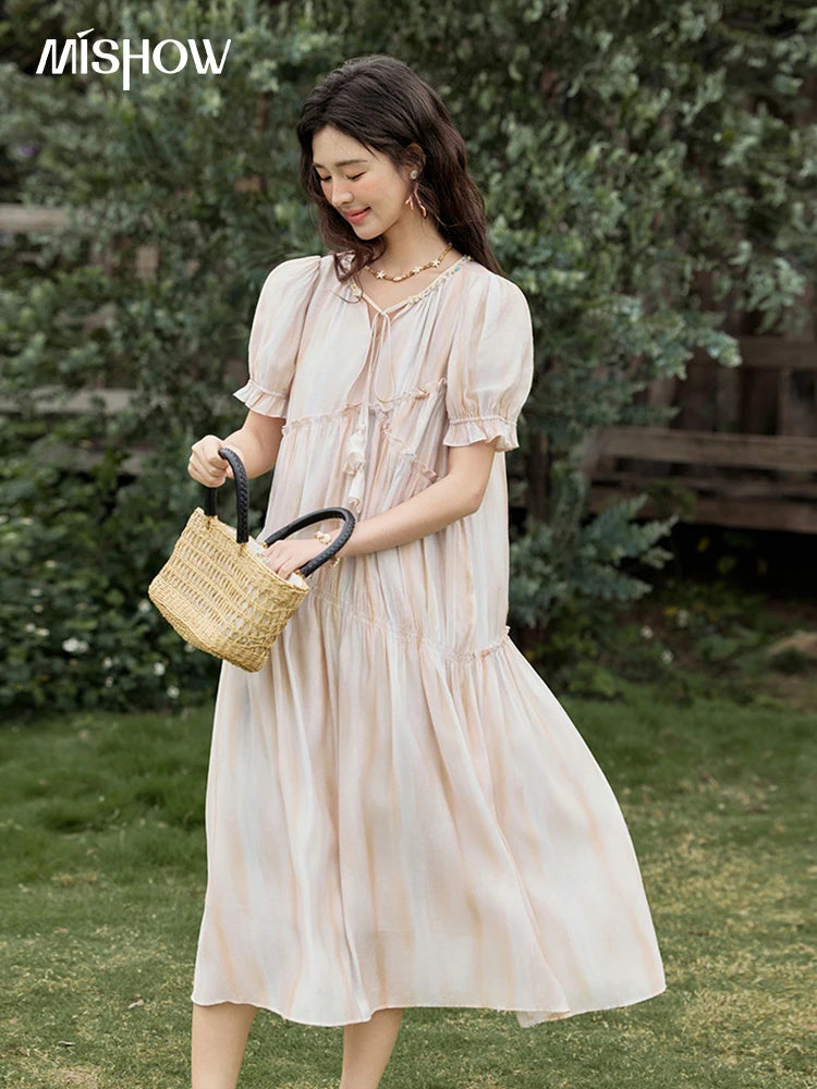 MISHOW French Summer Dress Women 2025 New V-neck Short Puff Sleeve Hollow Gradient Dresses Female Fashion Slimming MXE31L2166