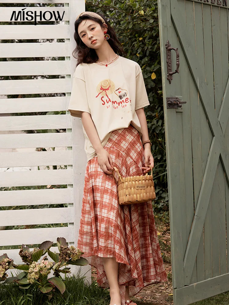 MISHOW Women's Print T-shirt 2025 Summer New Loose Casual T-shirt Ladies Round Neck Short Sleeve Tee Female Clothing MXE34T0559