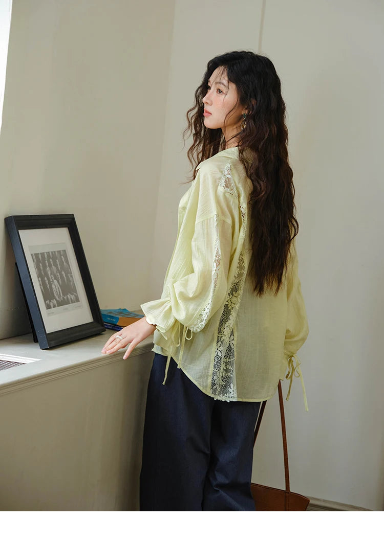 MISHOW Blend Patchwork Lace Cool Shirt Female Autumn 2025 Korean Loose Lapel Drop Sleeve Shirts Drawstring Cuffs Top MXE31C0789