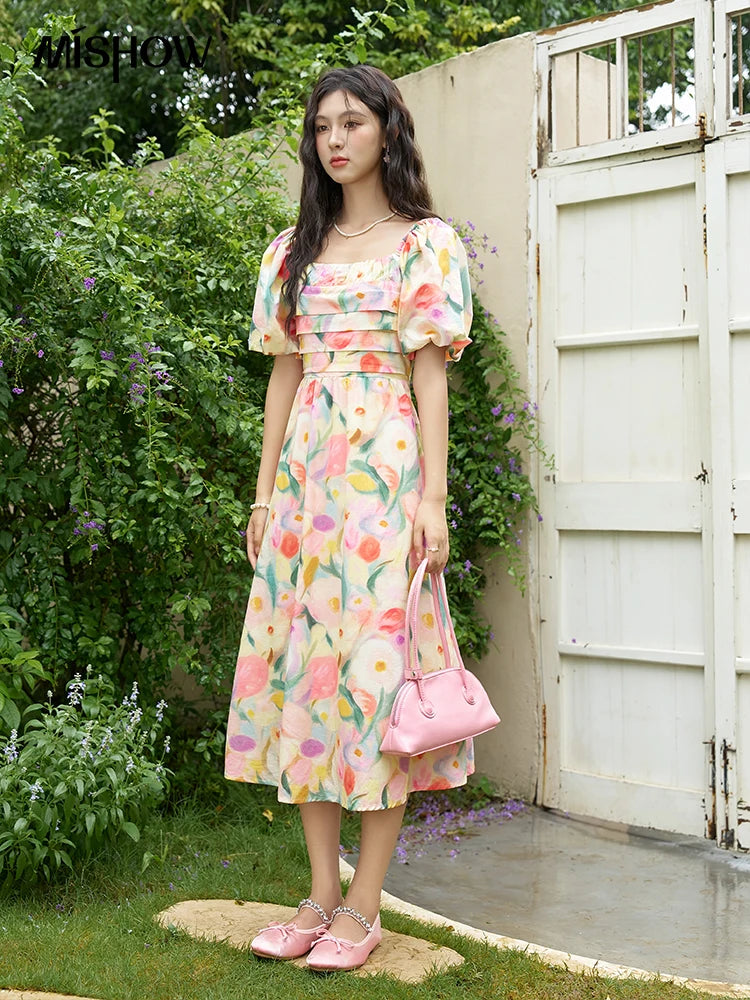 MISHOW French Tulip Fragmented Flower Dresses for Women 2024 Summer Beach Vacation Puff Sleeve Sweet Elegant Dresses MXD28L1896