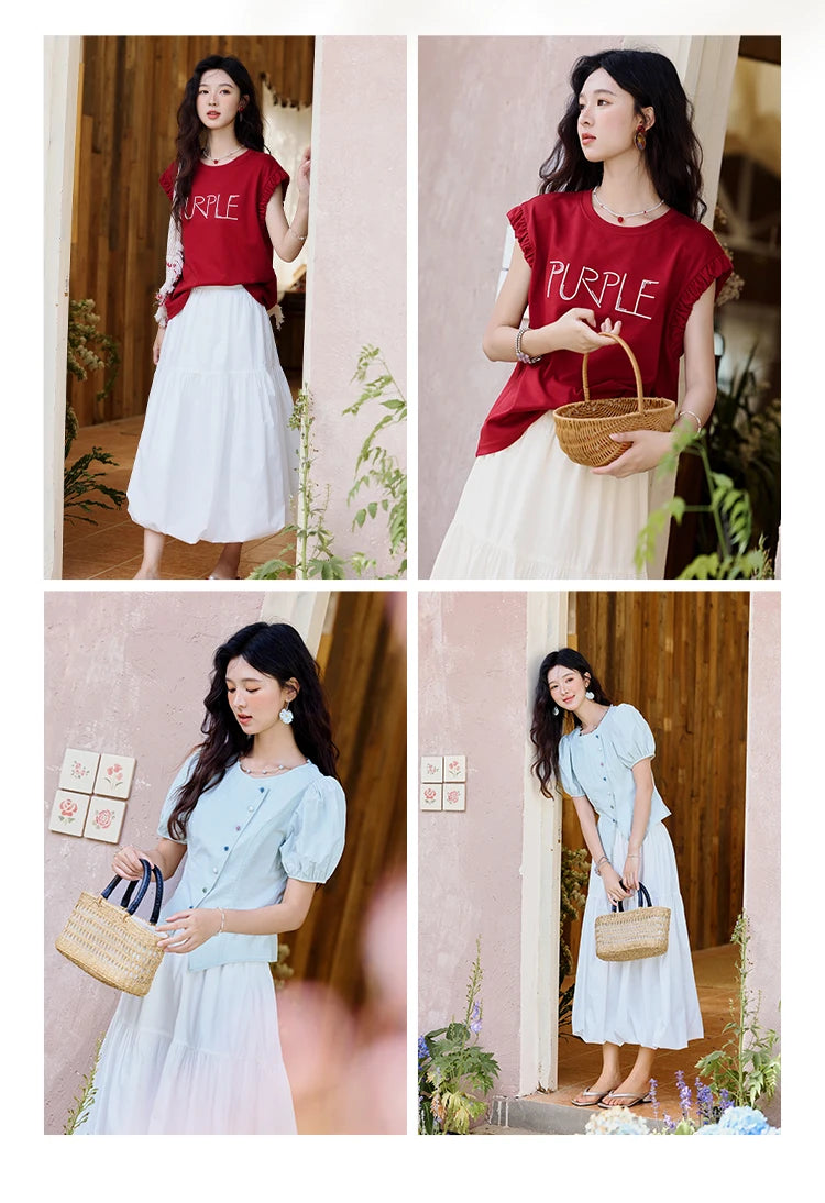 MISHOW Sea Salt White Double Layered Waist Skirt 2025 Summer Flower Bud Skirt Shell Button Versatile A-line Skirts MXE32B0715