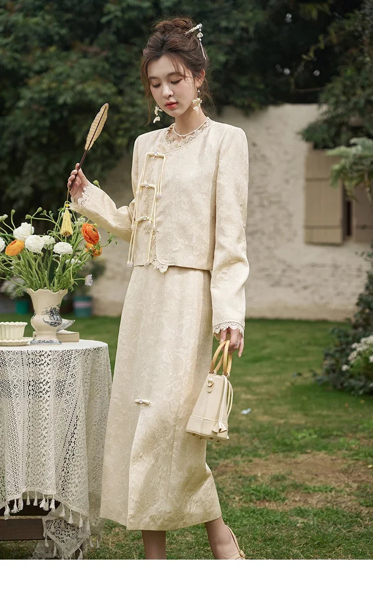 MISHOW Chinese Lace Edge Jacket Midi Skirts Separately Spring 2025 Elegant Top Irregular Jacquard Front Split Skirts MXD15W0370