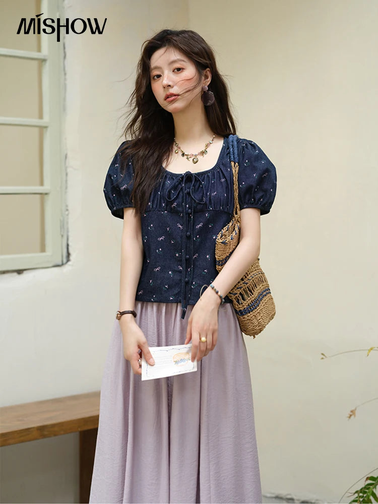 MISHOW Fashion Puff Sleeve Square Neck Blouse for Women 2025 Summer Lace Up Button Print Denim Top Women's Clothing MXE39X1933