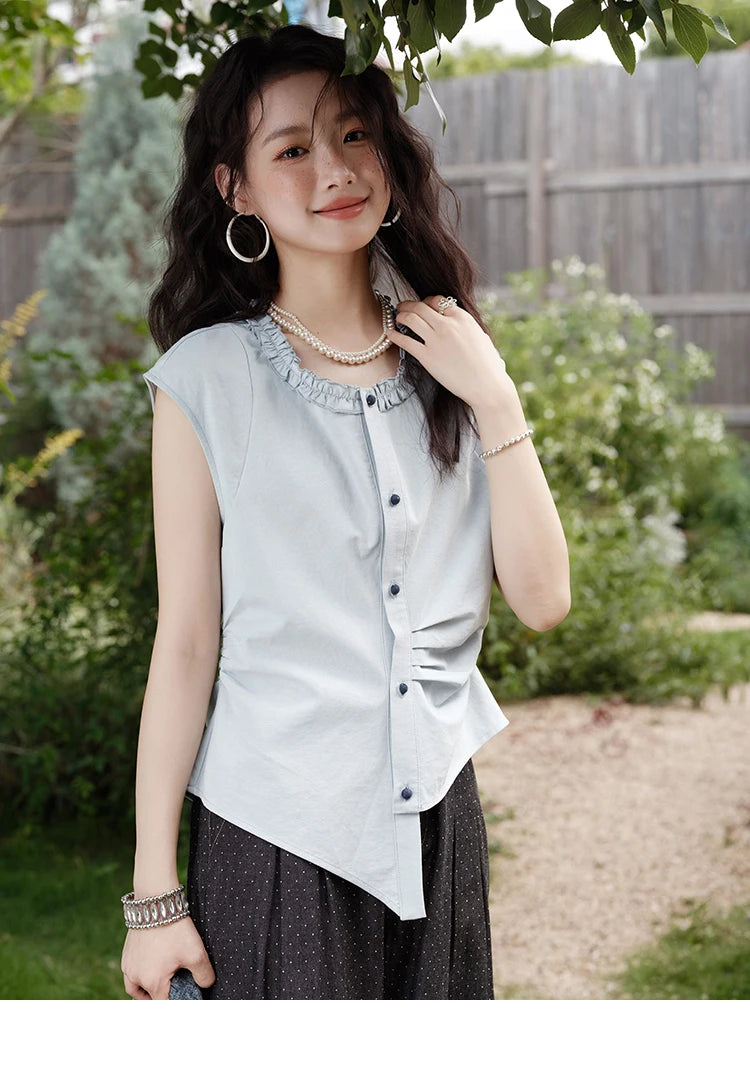 MISHOW Women's Casual Round Neck Shirt 2025 Summer New Office Lady Slim Shirt Sleeveless Button Top Female Clothing MXE38X1864