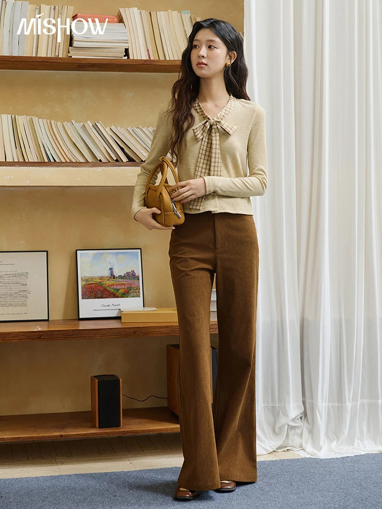 MISHOW Yellow Cardigan Women 2025 Autumn Vintage Plaid Bowknot V-neck Long-sleeve Knitted Top Commute Slim Sweater MXE16Z1168