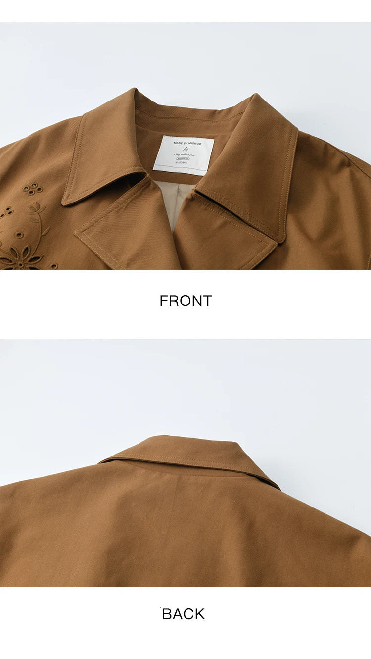 MISHOW Hollow Flower Trench Coat for Women Autumn 2025 Double Breasted Retro Trench with Slant Pocket Belt Coats MXE46W0838