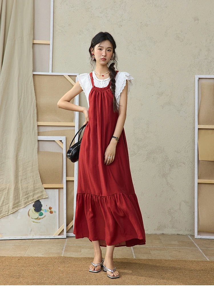 MISHOW Red Linen Strap Midi Dress Summer Sleeveless Casual Vacation Dress Hanging Neck Loose A-LINE Dress (Not A Set) MXE36L2309