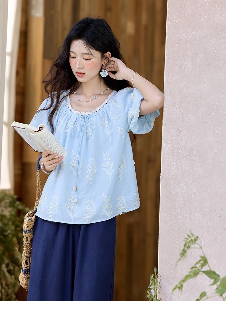 MISHOW Blue Pure Cotton Embroidered Blouses 2025 Summer Wave Edged O-neck Tops Contrasting Lace Up Loose Doll Blouses MXE35X1791