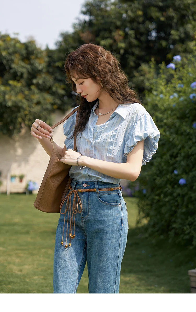 MISHOW Blue Striped Short Sleeve Shirt for Women Summer 2025 Bubble Flower Bud Sleeves Lapel Neck Shirt with Tube Top MXD24C0204