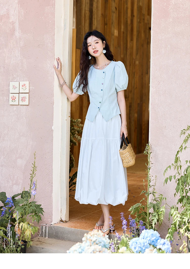 MISHOW Bubble Sleeves  Blouses for Women Summer 2025 Irregular Placket Tops Rainbow Button Solid Blouse Office Lady MXE34X1782