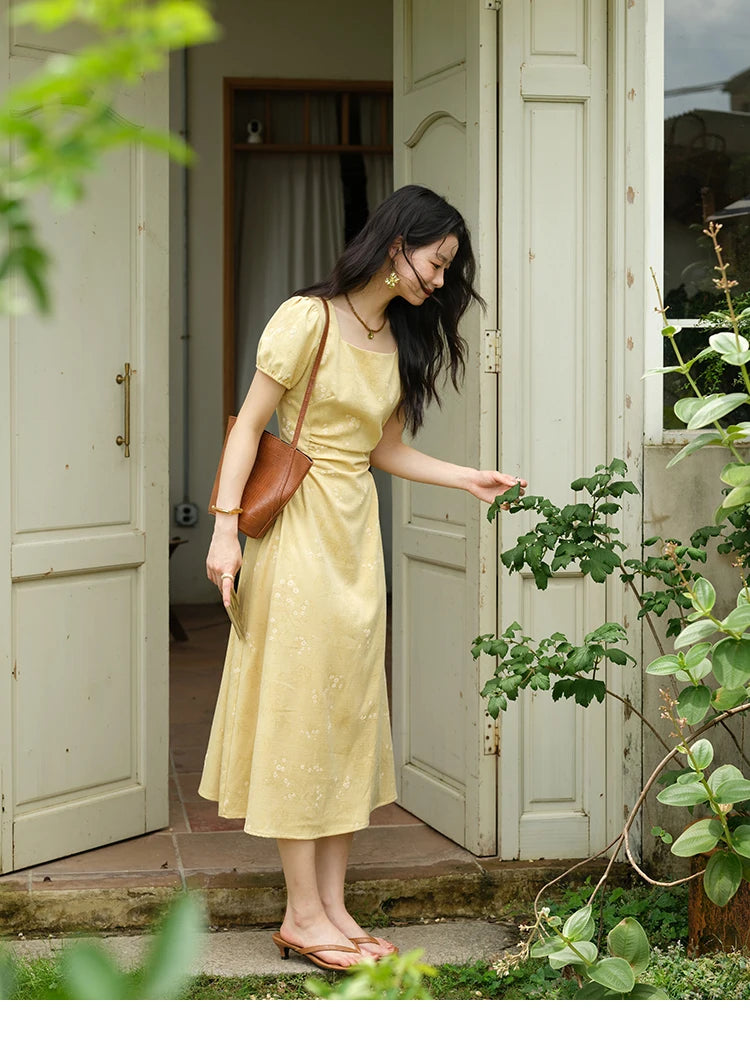 MISHOW Women's Clothing Fashion Square Neck Puff Sleeve Dress Summer 2025 New Bamboo Leaf Jacquard Pattern Dresses MXE39L2415