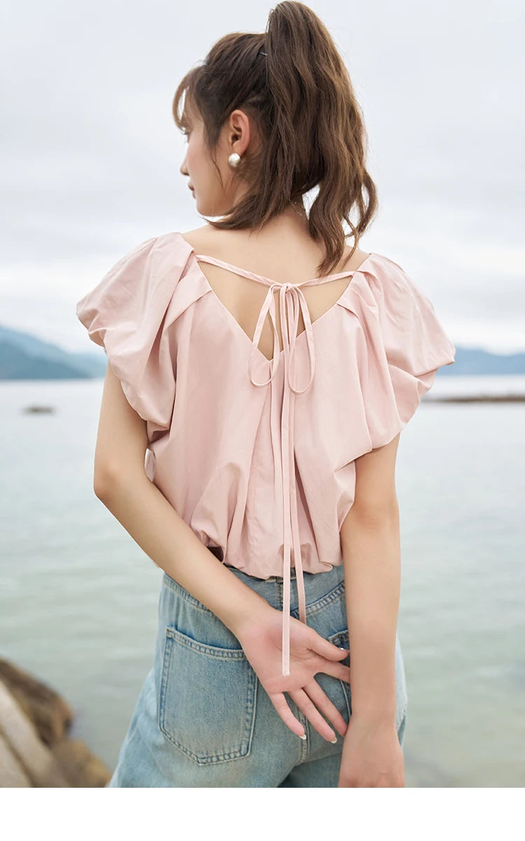 MISHOW Soft Blouses for Women 2025 Summer French Rear Collar Tie Up Solid Short Sleeve Solid V Neck Puff Sleeve Tops MXC38X1275