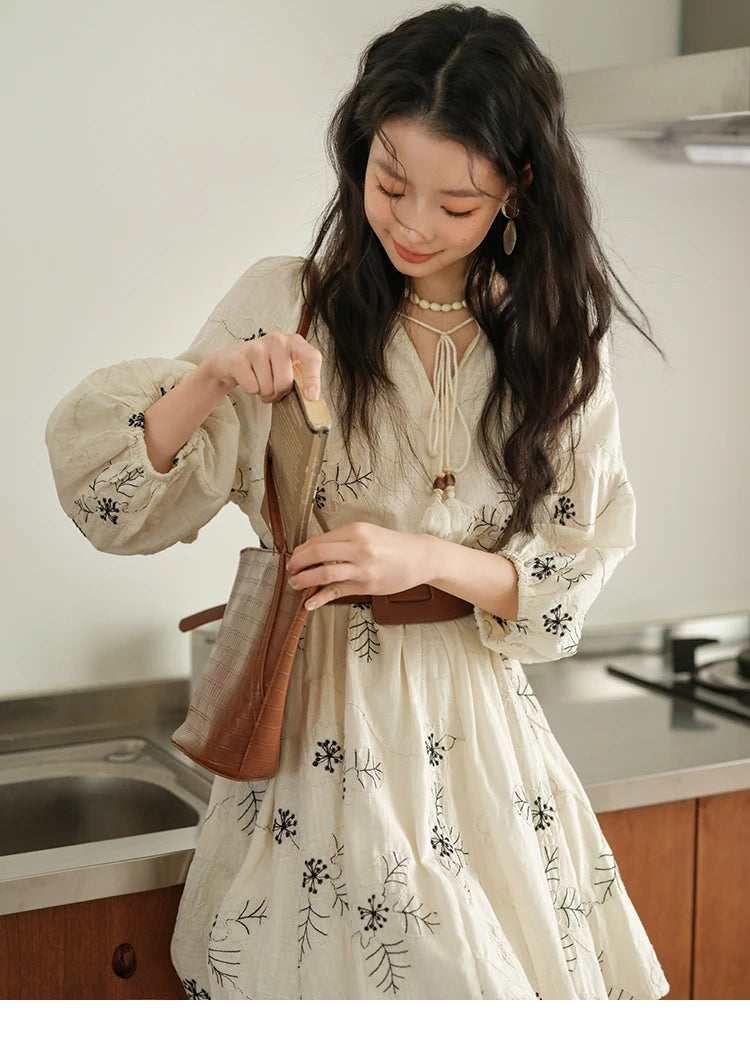 MISHOW Embroidered Doll Dress 2025 Seven Cent Lantern Sleeve Dress O-neck Tassel Lace-up Cotton Dress with Waist Belt MXE41L2480