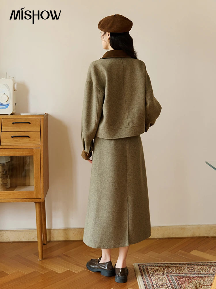 MISHOW Women's Wool A-line Skirt 2025 Autumn Winter Retro Suede Woolen Rear Hem Slit Skirt Versatile Waist Skirts MXE46B2426