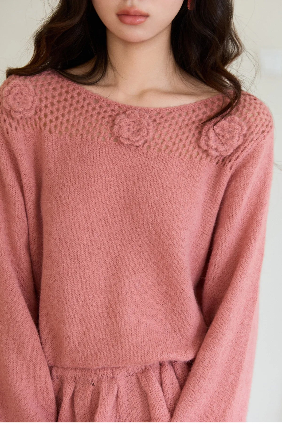 MISHOW Women's Pink Hollow-out Knitwear 2026 Spring Crew Neck Floral Embroidery Sweater Ruffled Hem Casual Loose Top MXE94Z2865