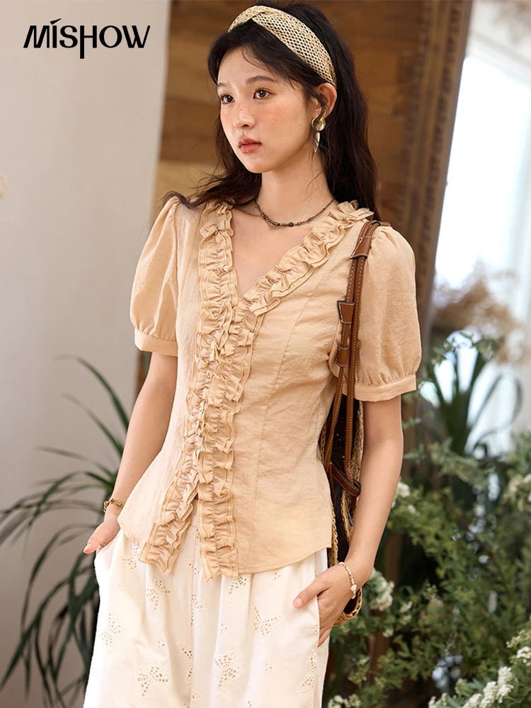 MISHOW Fashion V-neck Blouse for Women 2025 Summer New Office Lady Puff Sleeve Casual Slim Top Blouse Female Clothing MXE35X1841