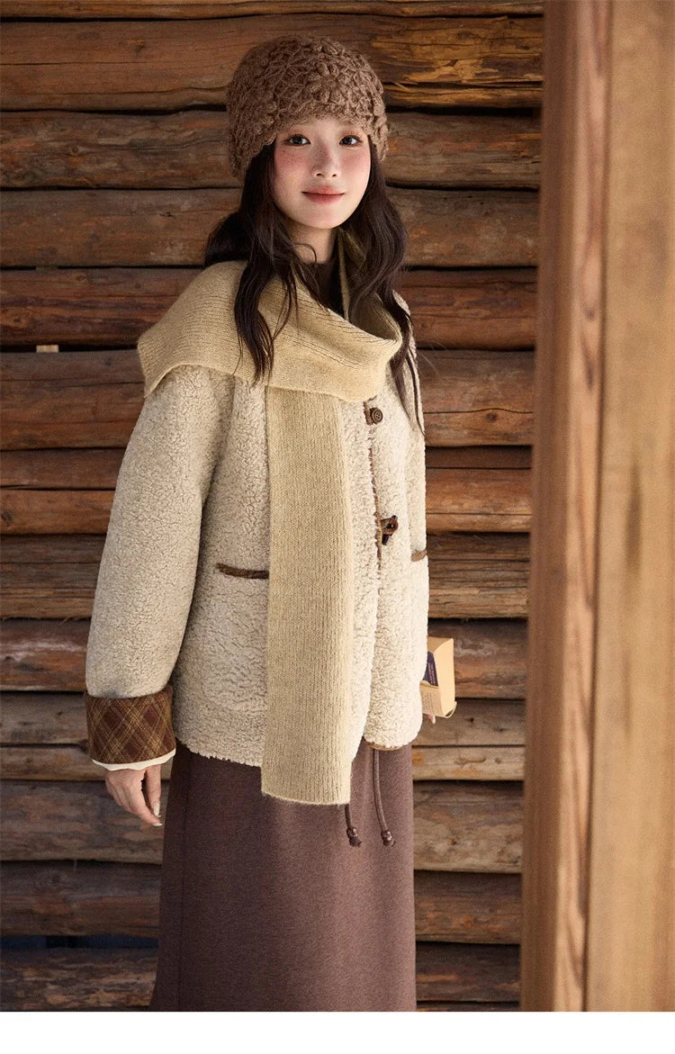 MISHOW Woman Plaid Patchwork Lamb Wool Coat 2025 Winter Round Neck Coat Commute Warm Loose Jacket （Without A Scarf）MXE90W0923