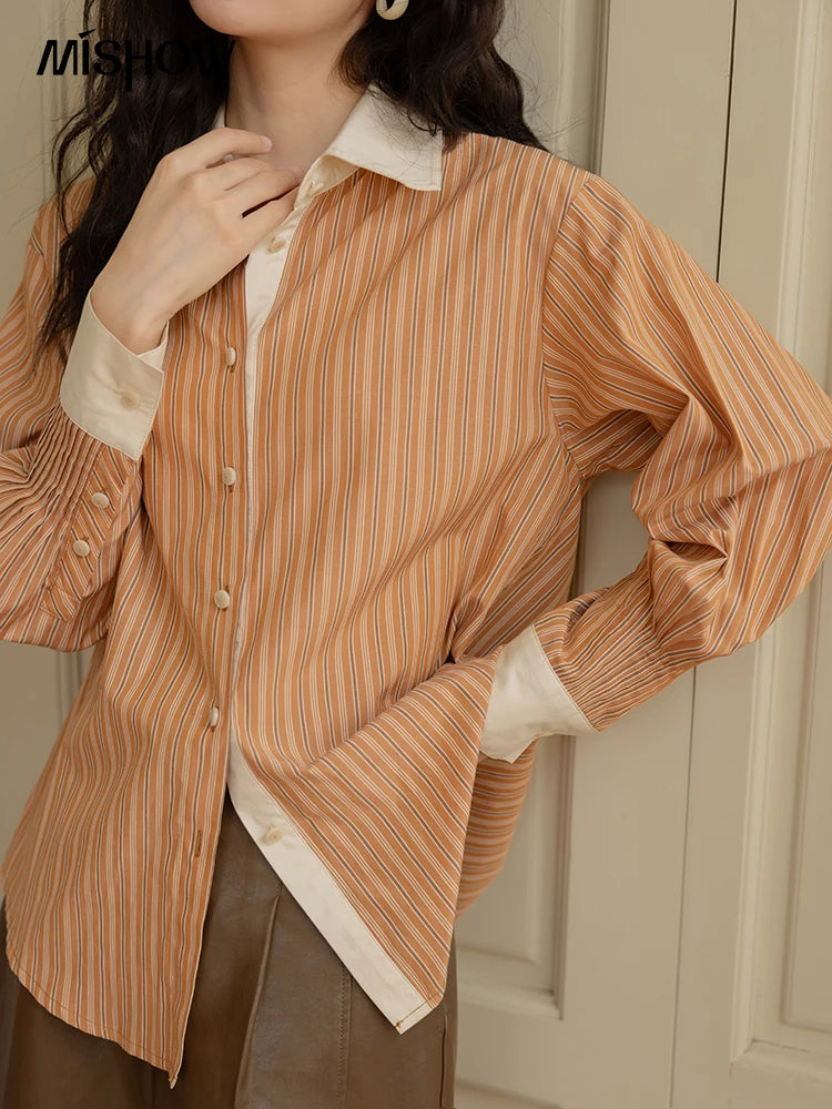 MISHOW Loose Striped Shirt for Women Autumn 2025 Contrasting Lapel Top Single Breasted Patchwork Shirts Office Lady MXD41C0286